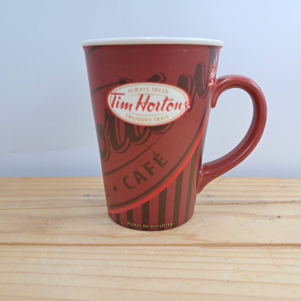 Tim Hortons 2008 Limited Edition Coffee Mug Red Brown Stripe Cafe Logo